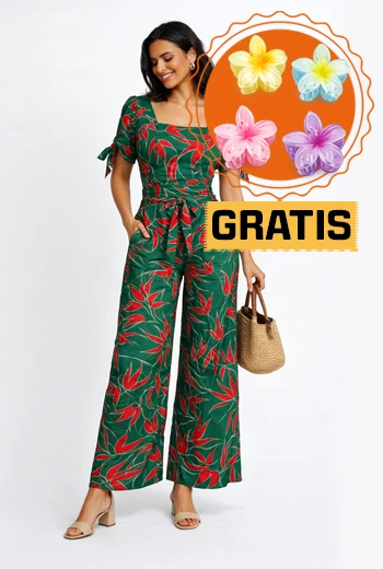CONJUNTO PALAZZO TROPICAL CON ESTAMPADO HOJAS ROJAS Y LAZO EN CINTURA