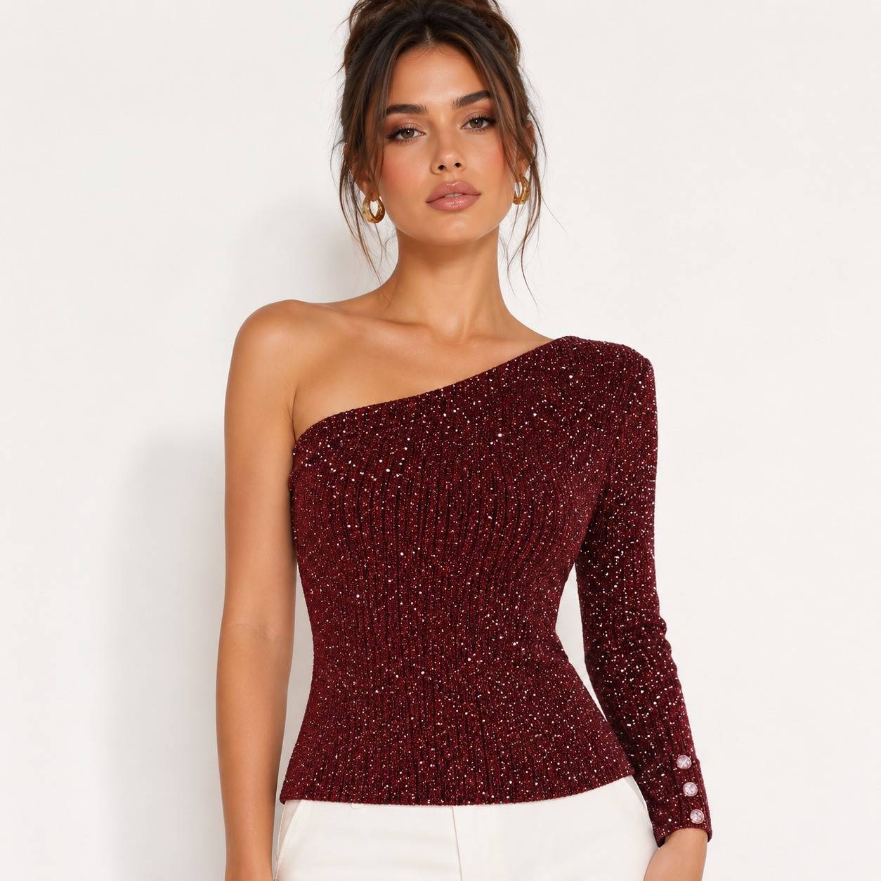 Blusa Elegante Escote Asimétrico Hombro Descubierto Vino / Burdeos