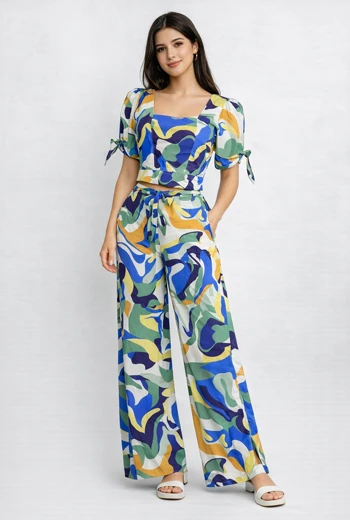 CONJUNTO PALAZZO TROPICAL CON CROP TOP Y LAZO EN CINTURA