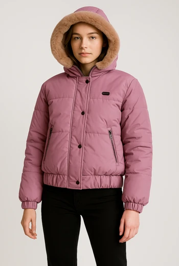 CHOMPA DE CORTE CORTO CON ACOLCHADO LIGERO Y CAPUCHA CON BORDE DE PELO SINTÉTICO