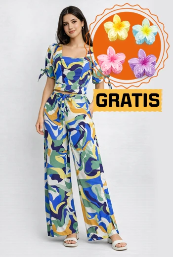 CONJUNTO PALAZZO TROPICAL CON CROP TOP Y LAZO EN CINTURA