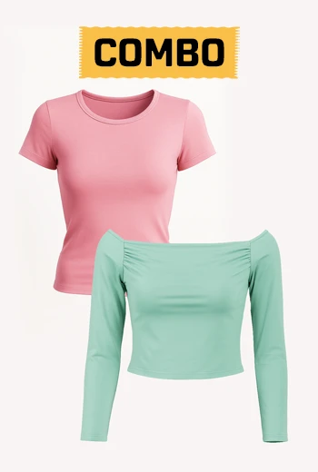 BLUSA BÁSICA ROSA MANGA CORTA Y BLUSA MANGA LARGA VERDE MENTA