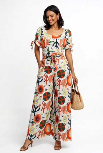 CONJUNTO PALAZZO TROPICAL CON ESTAMPADO ARTÍSTICO Y LAZO EN CINTURA