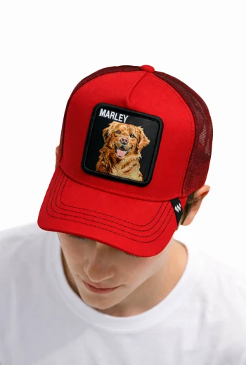 GORRA ROJA CON PARCHE BORDADO DE PERRO Y MALLA DEGRADADA