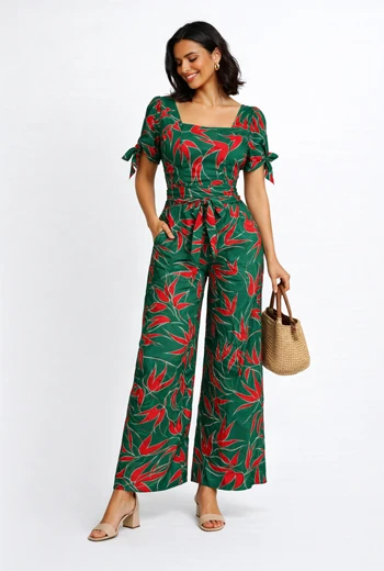 CONJUNTO PALAZZO TROPICAL CON ESTAMPADO HOJAS ROJAS Y LAZO EN CINTURA