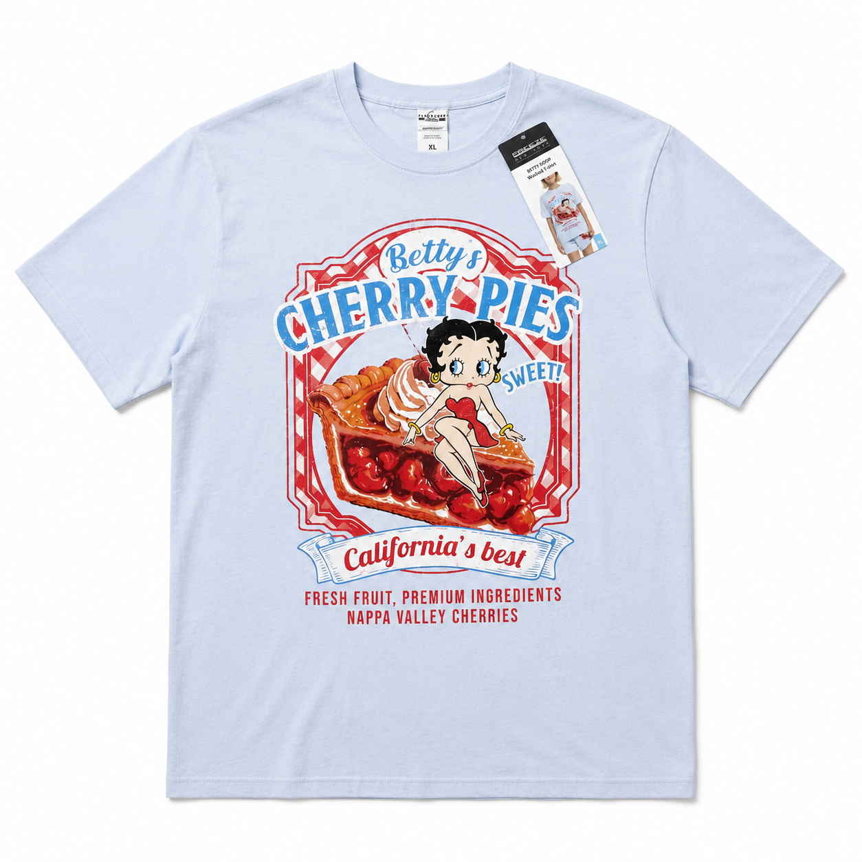 Camiseta Celeste Betty Boop "Betty's Cherry Pies" Vintage - Talla XL (Con etiqueta)