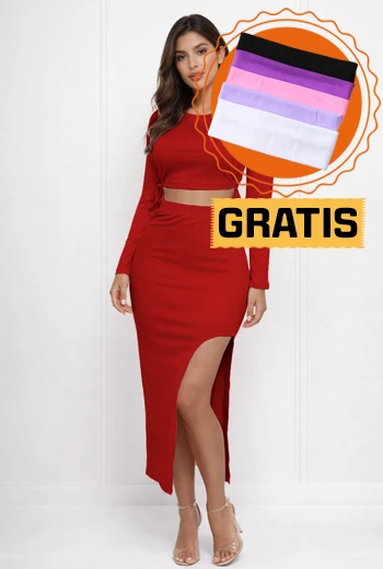 CONJUNTO CON CROP TOP AJUSTABLE Y FALDA CON ABERTURA ROJA