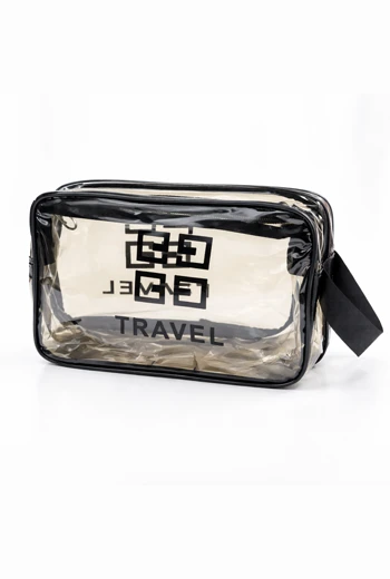 COSMETIQUERA TRAVEL TRANSPARENTE CON CIERRE Y ASA LATERAL NEGRO