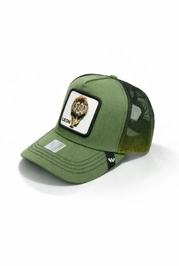 GORRA VERDE CON PARCHE BORDADO DE LEON Y MALLA DEGRADADA