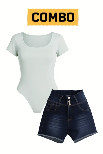 SHORT CASUAL DE DENIM CON TRIPLE BOTÓN Y BODY CASUAL GRIS STRETCH