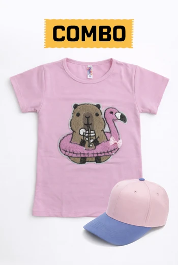 COMBO DE CAMISETA INFANTIL ROSA Y GORRA BICOLOR URBANA