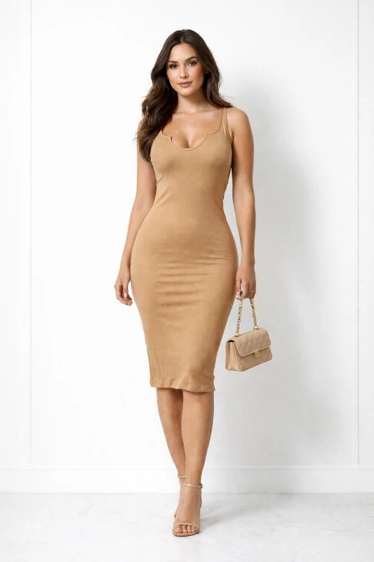 VESTIDO CEÑIDO AL CUERPO COLOR CAMEL CLARO